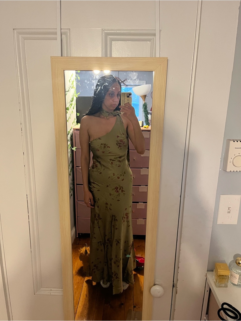 Reformation Jazzlyn Silk Dress Olive One-Shoulder Gown with Red Floral Print. - Picture 4 of 5
